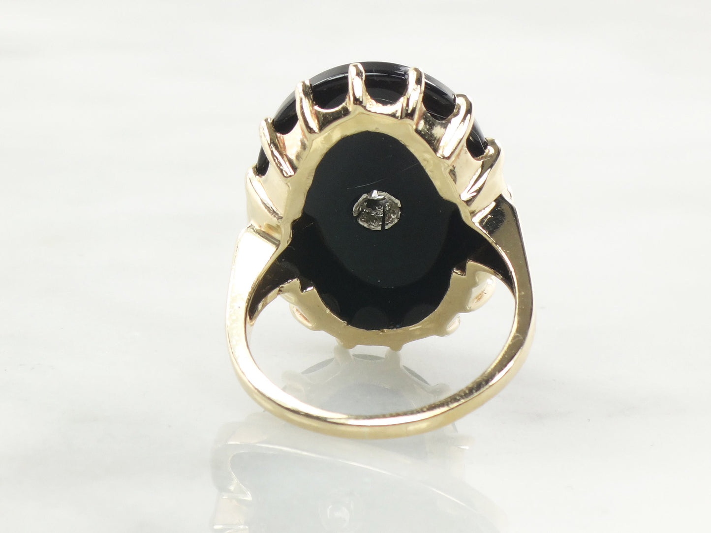 Vintage Art Deco 14k Yellow Gold Black Onyx and Diamond Ring, .20 CT European Cut Natural Diamond Size 8.75
