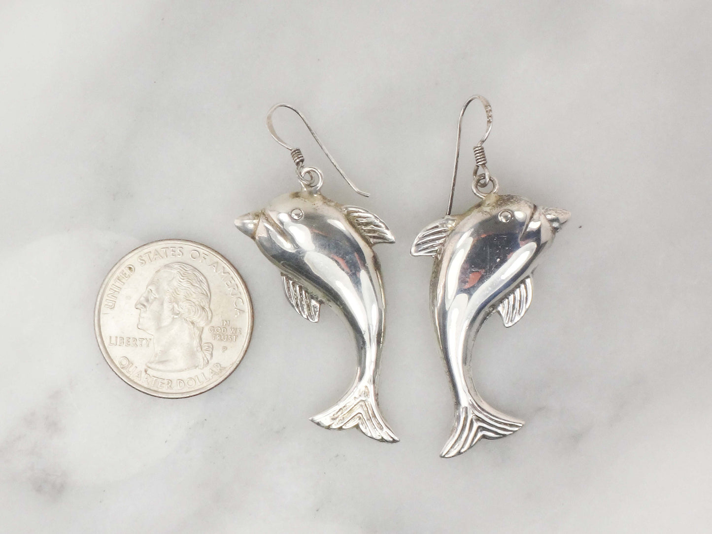 Vintage Sterling Silver Dolphin Earrings: 3D Puffed Sea Life Dangles