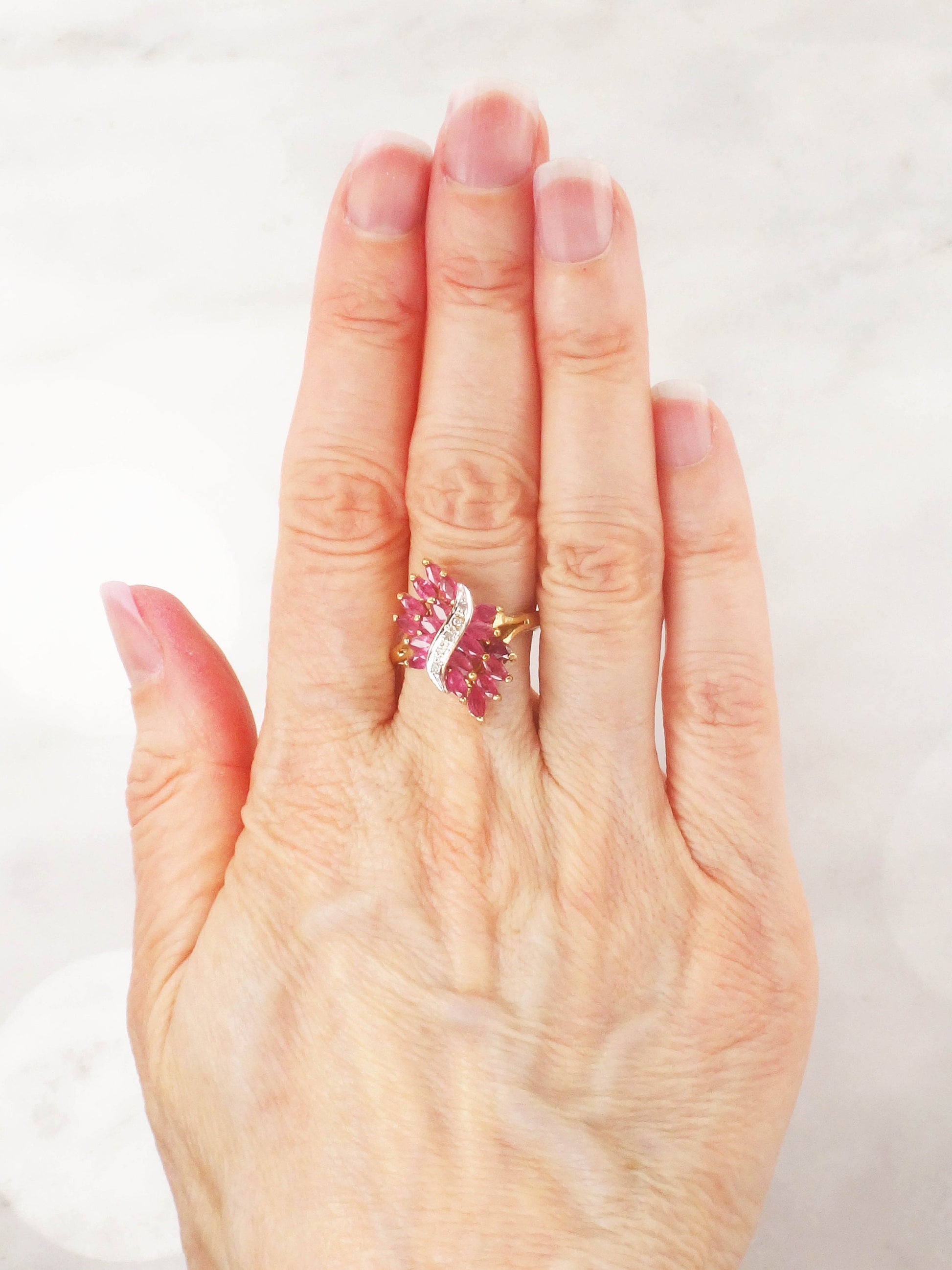 Vintage 10k Natural Ruby and Diamond Ring, Solid Gold Samuel Aaron Red Stone Ring, July Birthstone Cluster Ring Size 8.75