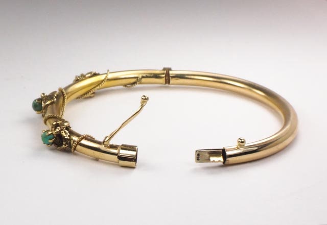 Vintage Victorian Revival 14k Yellow Gold Green Turquoise Bangle Bracelet - Small Hinged Bangle