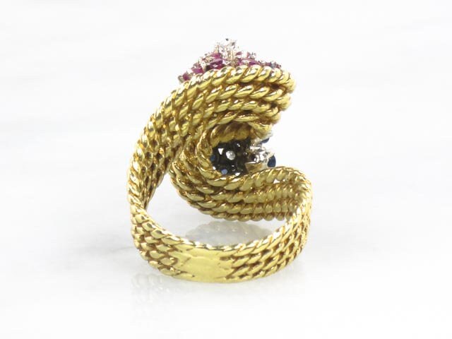 Vintage 18k Gold Floral Ring: Ruby, Sapphire & Diamond Cluster, Size 7