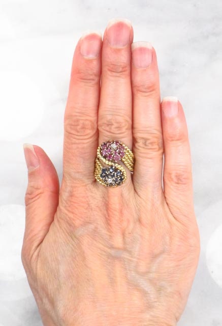 Vintage 18k Gold Floral Ring: Ruby, Sapphire & Diamond Cluster, Size 7
