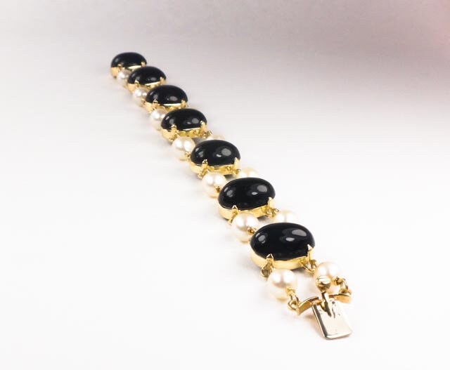 Vintage 14k Gold Pearl & Black Onyx Bracelet: Bridal Jewelry, 7", 6.5 MM