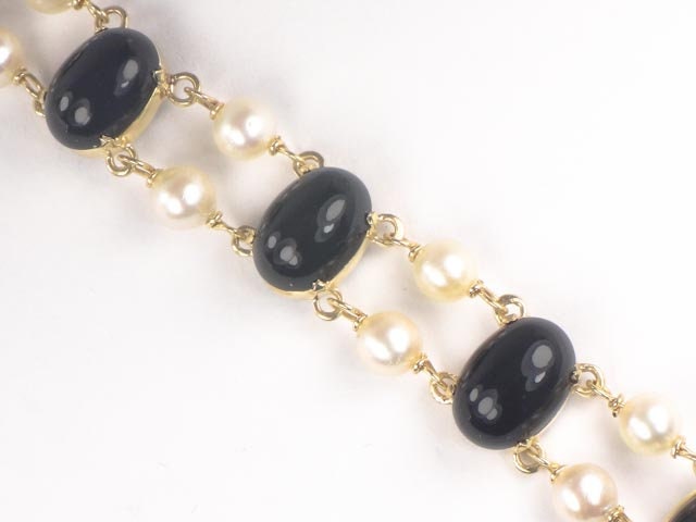 Vintage 14k Gold Pearl & Black Onyx Bracelet: Bridal Jewelry, 7", 6.5 MM