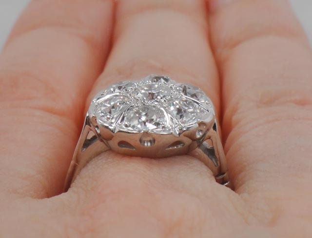 Art Deco Diamond Cluster Ring: 14k White Gold, Old European Cut, 1.75 Carat