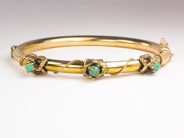 Vintage Victorian Revival 14k Yellow Gold Green Turquoise Bangle Bracelet - Small Hinged Bangle