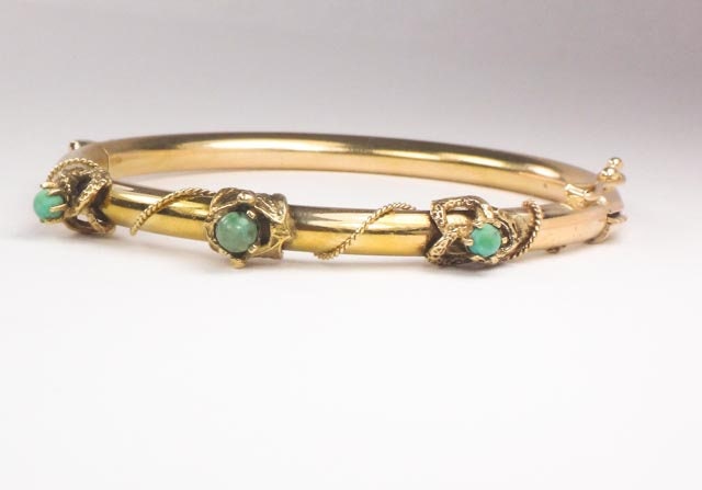 Vintage Victorian Revival 14k Yellow Gold Green Turquoise Bangle Bracelet - Small Hinged Bangle