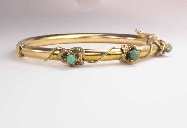 Vintage Victorian Revival 14k Yellow Gold Green Turquoise Bangle Bracelet - Small Hinged Bangle