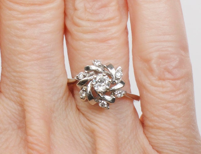 Vintage 14k White Gold Old Mine Cut Diamond Cluster Ring Natural Diamond Swirl Everyday Ring