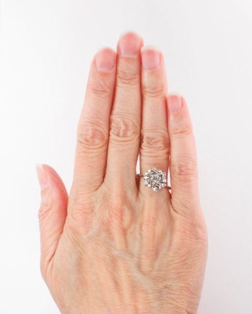Vintage 14k White Gold Old Mine Cut Diamond Cluster Ring Natural Diamond Swirl Everyday Ring