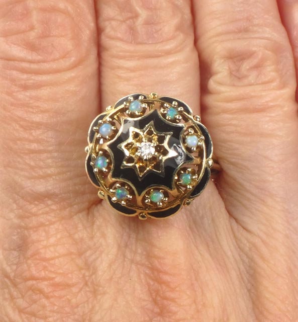 Vintage 14k Yellow Gold Opal Diamond and Black Enamel Dome Ring Opal Star Ring Size 7.25