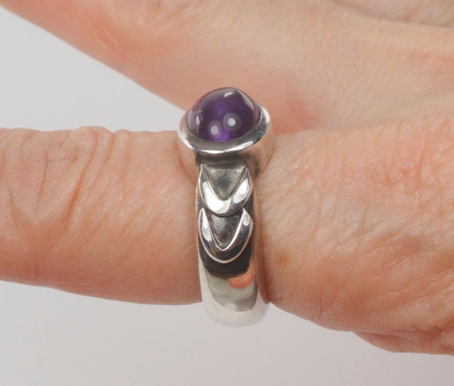 Vintage Sterling Silver Amethyst Ring Heavy Silver Oval Purple Stone Ring February Birthstone Size 6.5