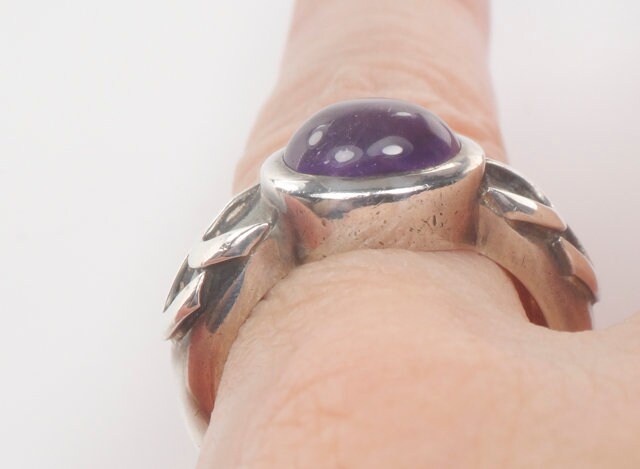 Vintage Sterling Silver Amethyst Ring Heavy Silver Oval Purple Stone Ring February Birthstone Size 6.5