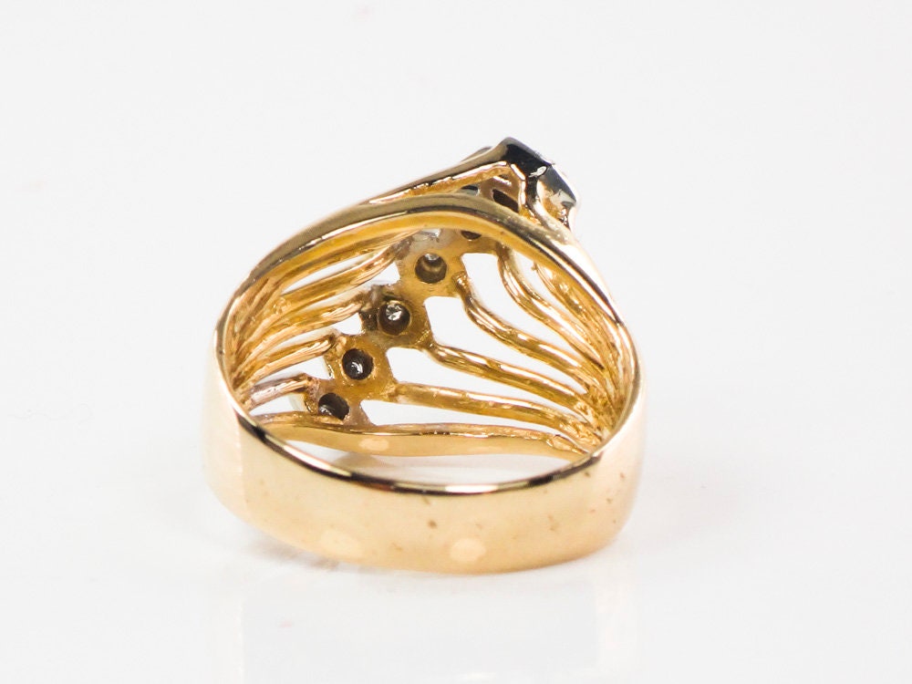 Vintage Wide 18k Gold Seven Natural Diamond Ring Two Tone Gold Right Hand Ring Size 8.25