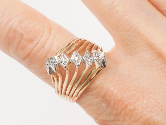 Vintage Wide 18k Gold Seven Natural Diamond Ring Two Tone Gold Right Hand Ring Size 8.25