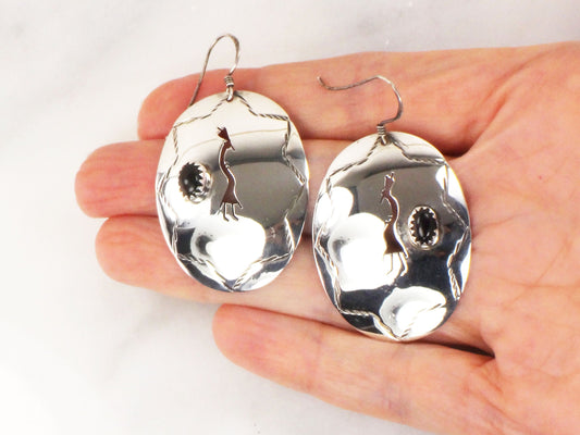 Vintage Large Sterling Silver Dangle Earrings Black Onyx Kokopelli Earrings with Ear Wires Southwestern Style