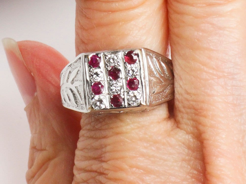 Vintage 14k White Gold Diamond & Ruby Men's Ring - Size 12.25