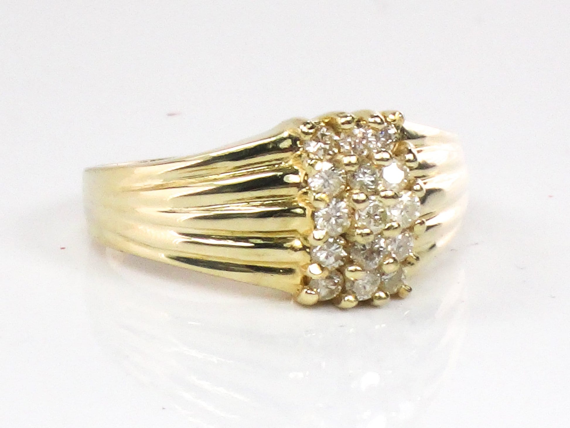 Diamond Cluster Ring - Vintage 14k Yellow Gold Three Row Natural Gemstone Dome Style - Everyday Fine Jewelry - Size 6