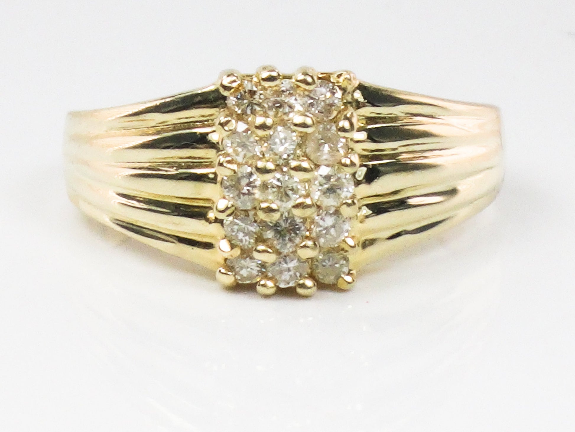 Diamond Cluster Ring - Vintage 14k Yellow Gold Three Row Natural Gemstone Dome Style - Everyday Fine Jewelry - Size 6
