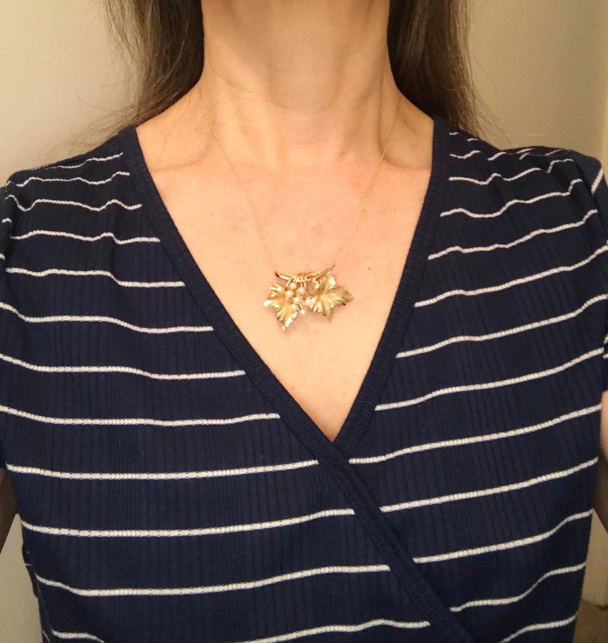 Vintage 14k Pearl Leaf Necklace Carl Art Brooch Conversion Necklace Yellow Gold Leaves Necklace Floral Pearl Pin / Necklace