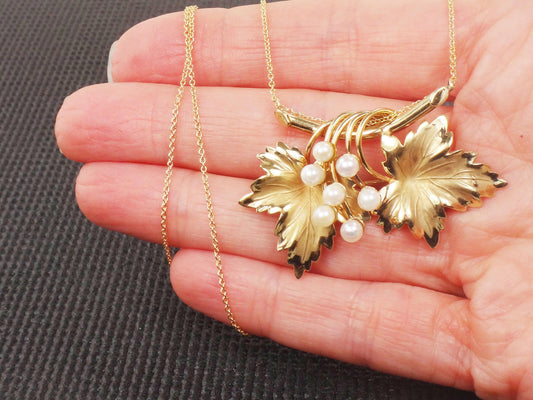 Vintage 14k Pearl Leaf Necklace Carl Art Brooch Conversion Necklace Yellow Gold Leaves Necklace Floral Pearl Pin / Necklace