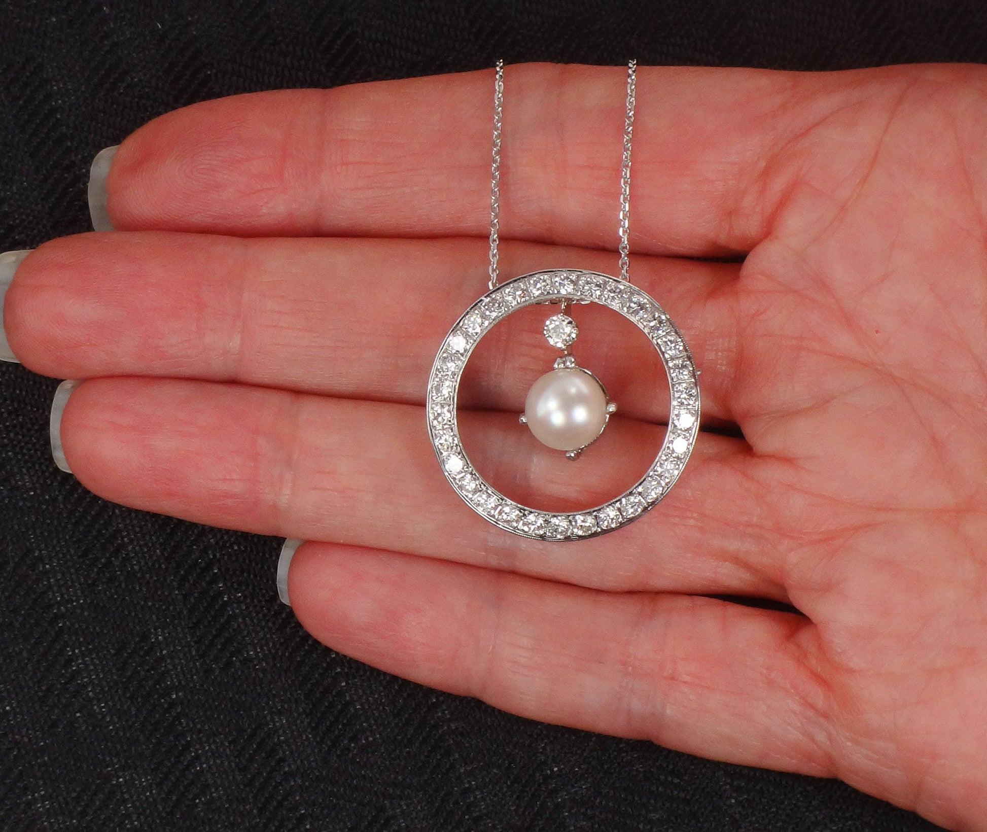 Vintage 14k White Gold Pearl Diamond Necklace: Convertible Pendant Pin