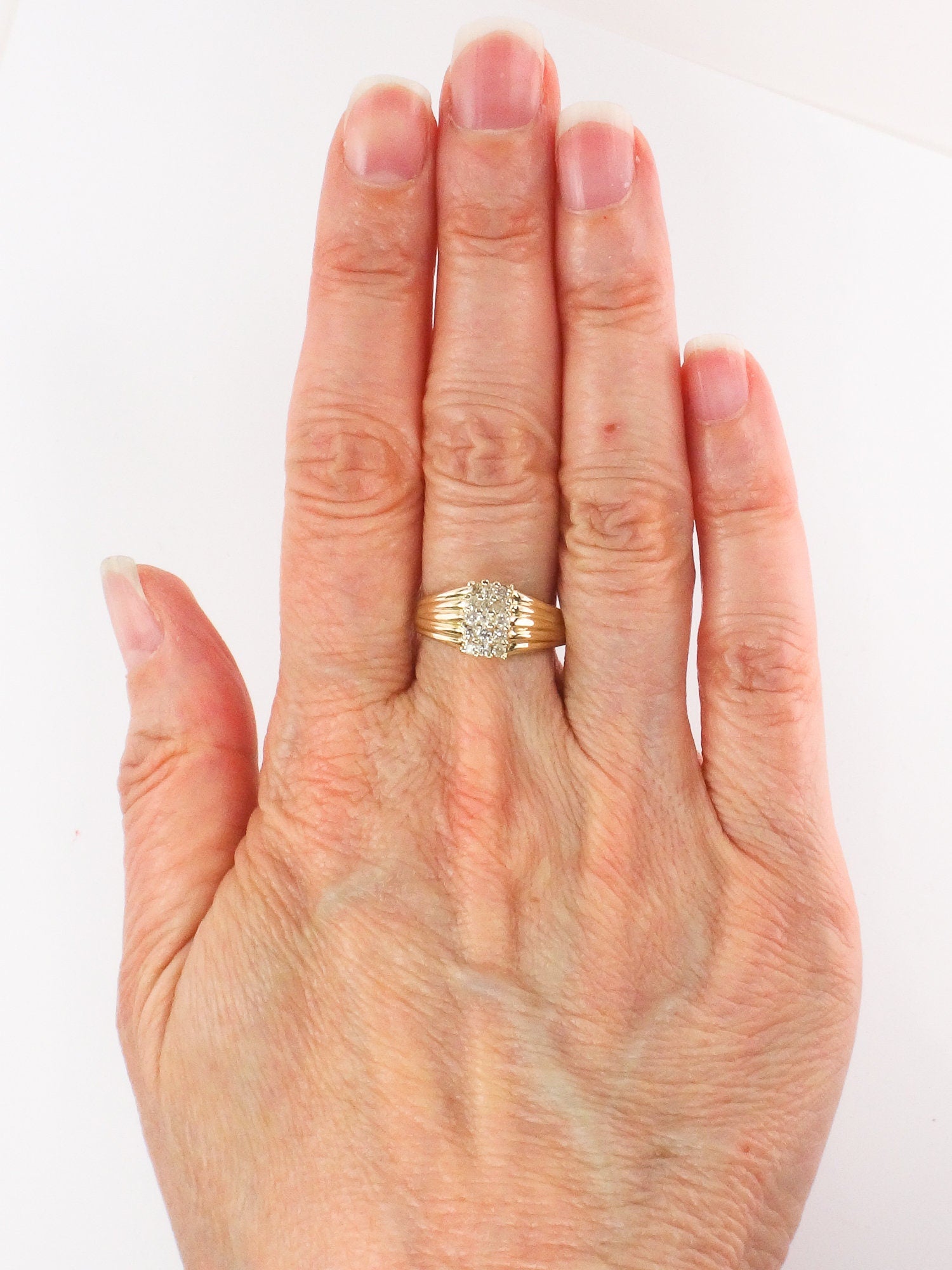 Diamond Cluster Ring - Vintage 14k Yellow Gold Three Row Natural Gemstone Dome Style - Everyday Fine Jewelry - Size 6