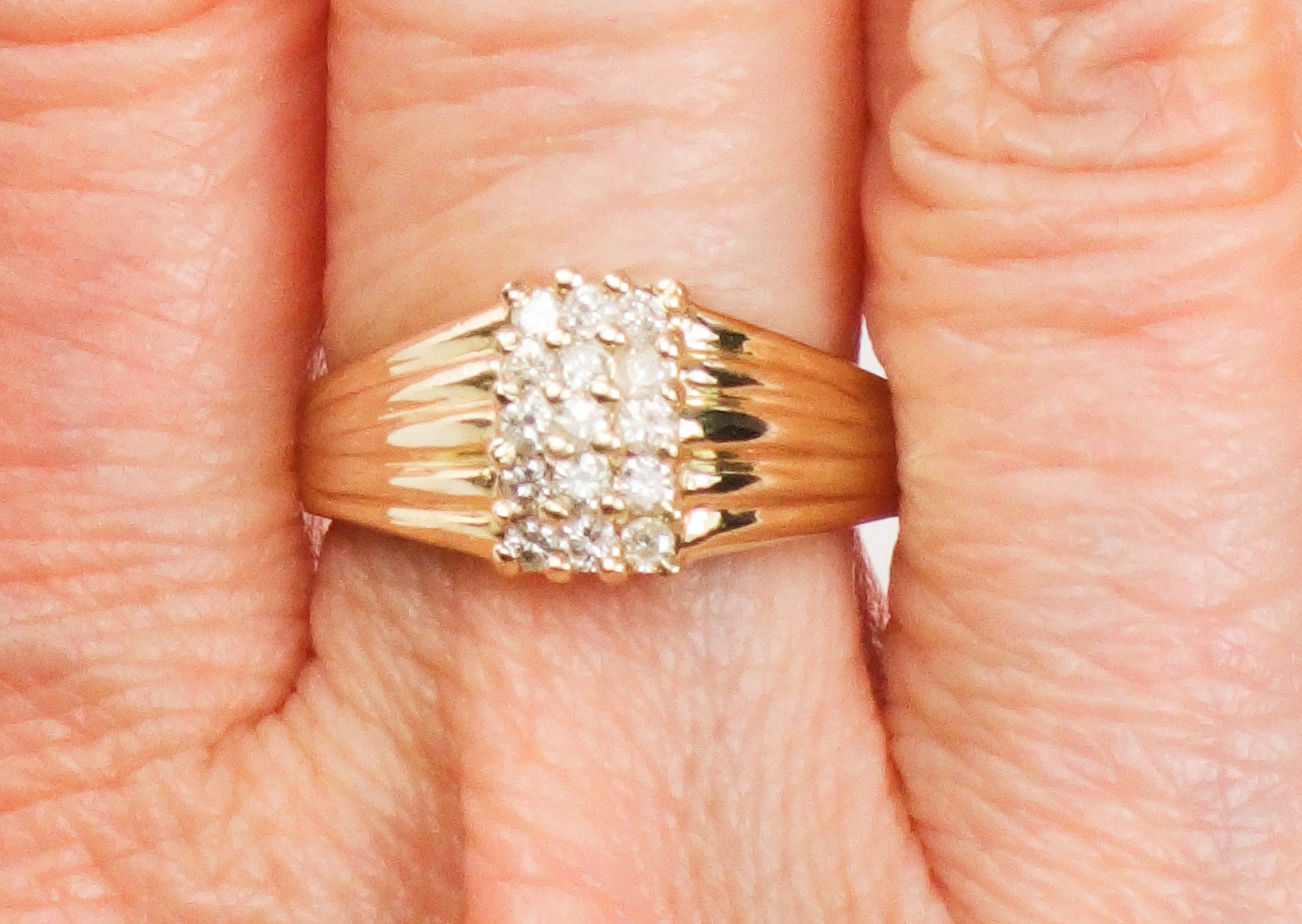 Diamond Cluster Ring - Vintage 14k Yellow Gold Three Row Natural Gemstone Dome Style - Everyday Fine Jewelry - Size 6