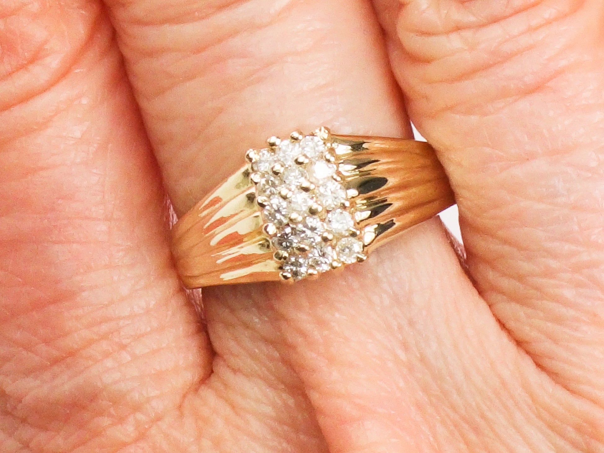 Diamond Cluster Ring - Vintage 14k Yellow Gold Three Row Natural Gemstone Dome Style - Everyday Fine Jewelry - Size 6