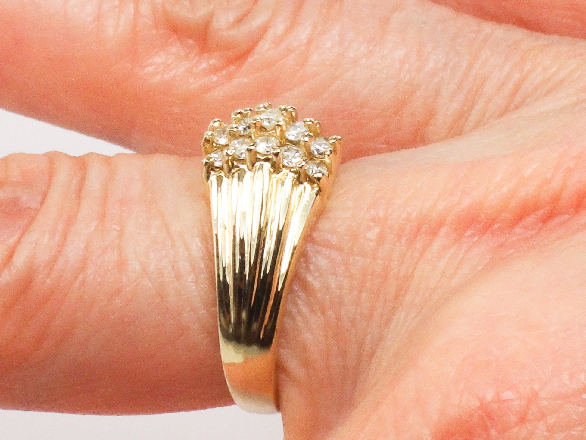 Diamond Cluster Ring - Vintage 14k Yellow Gold Three Row Natural Gemstone Dome Style - Everyday Fine Jewelry - Size 6