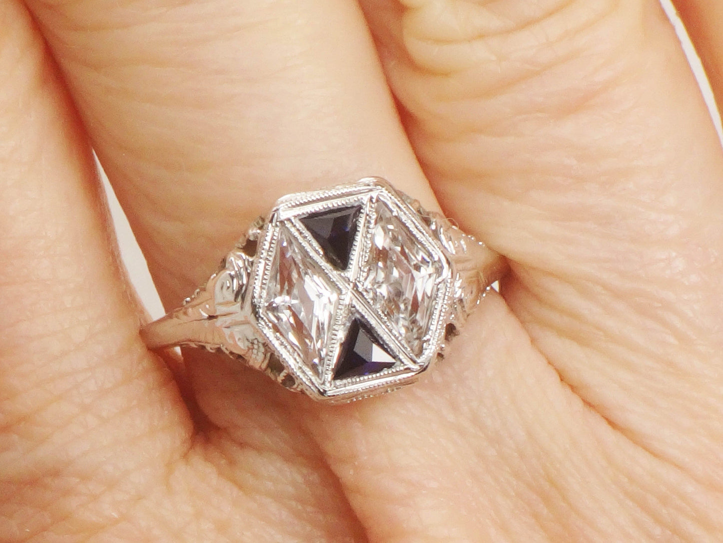 Art Deco 18k White Gold White and Blue Sapphire Ring - Filigree Ring Circa 1920's - Size 7.25