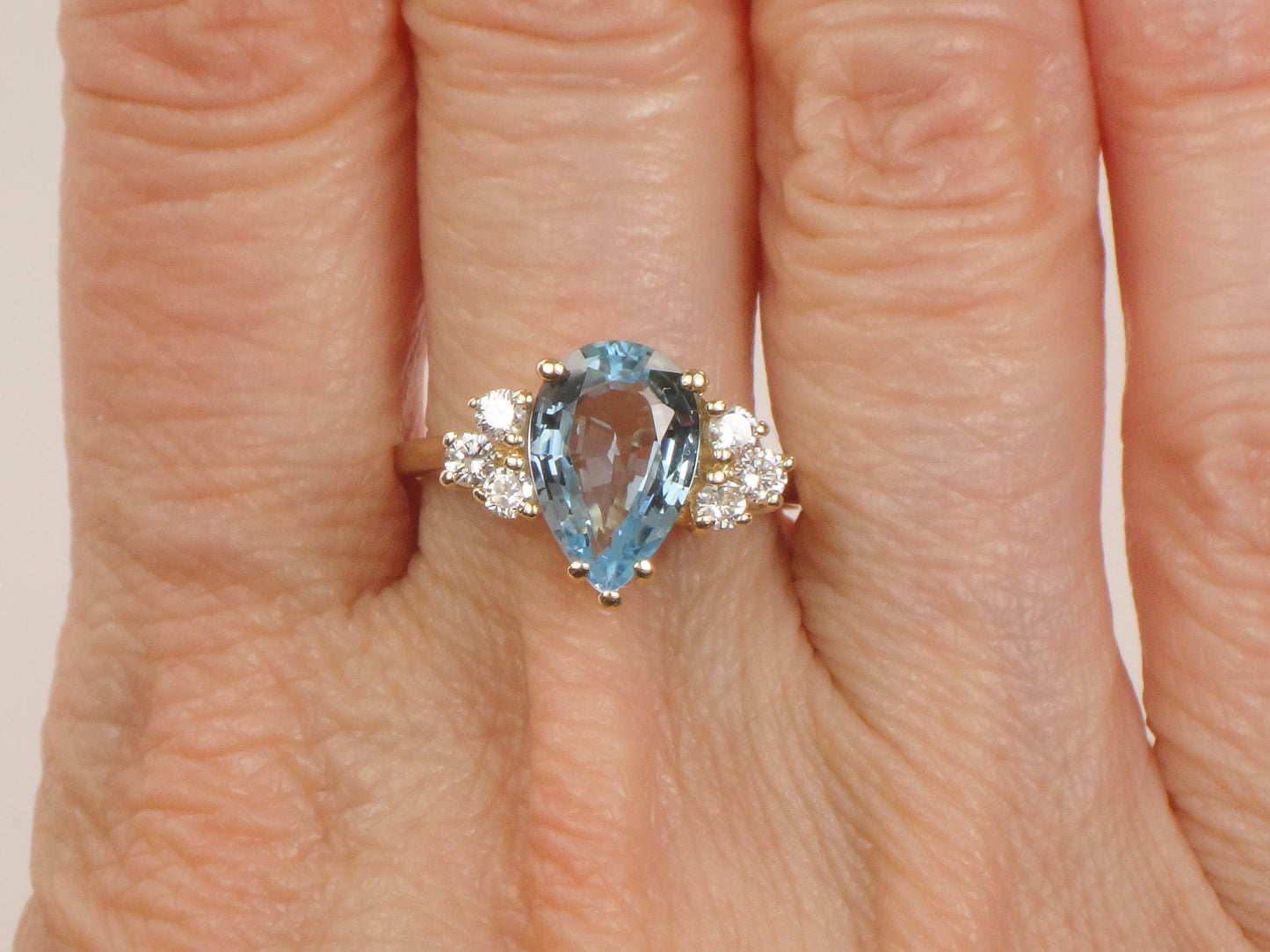 Vintage Pear Cut Blue Topaz Diamond Ring - 14k Yellow Gold December Birthstone, Size 7.75