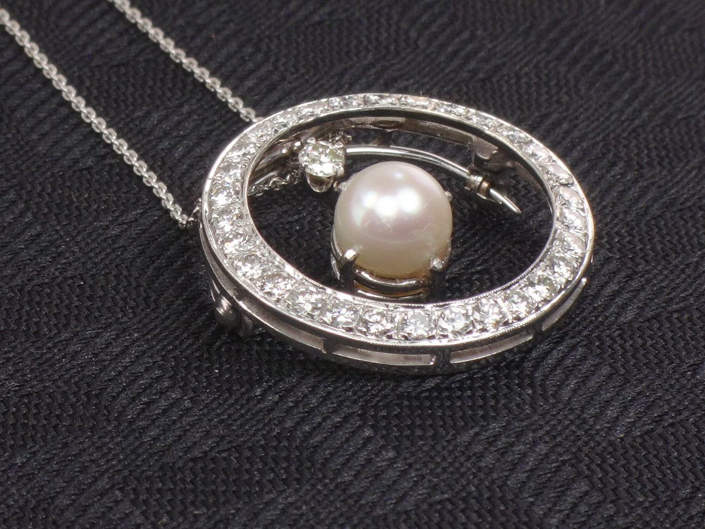 Vintage 14k White Gold Pearl Diamond Necklace: Convertible Pendant Pin