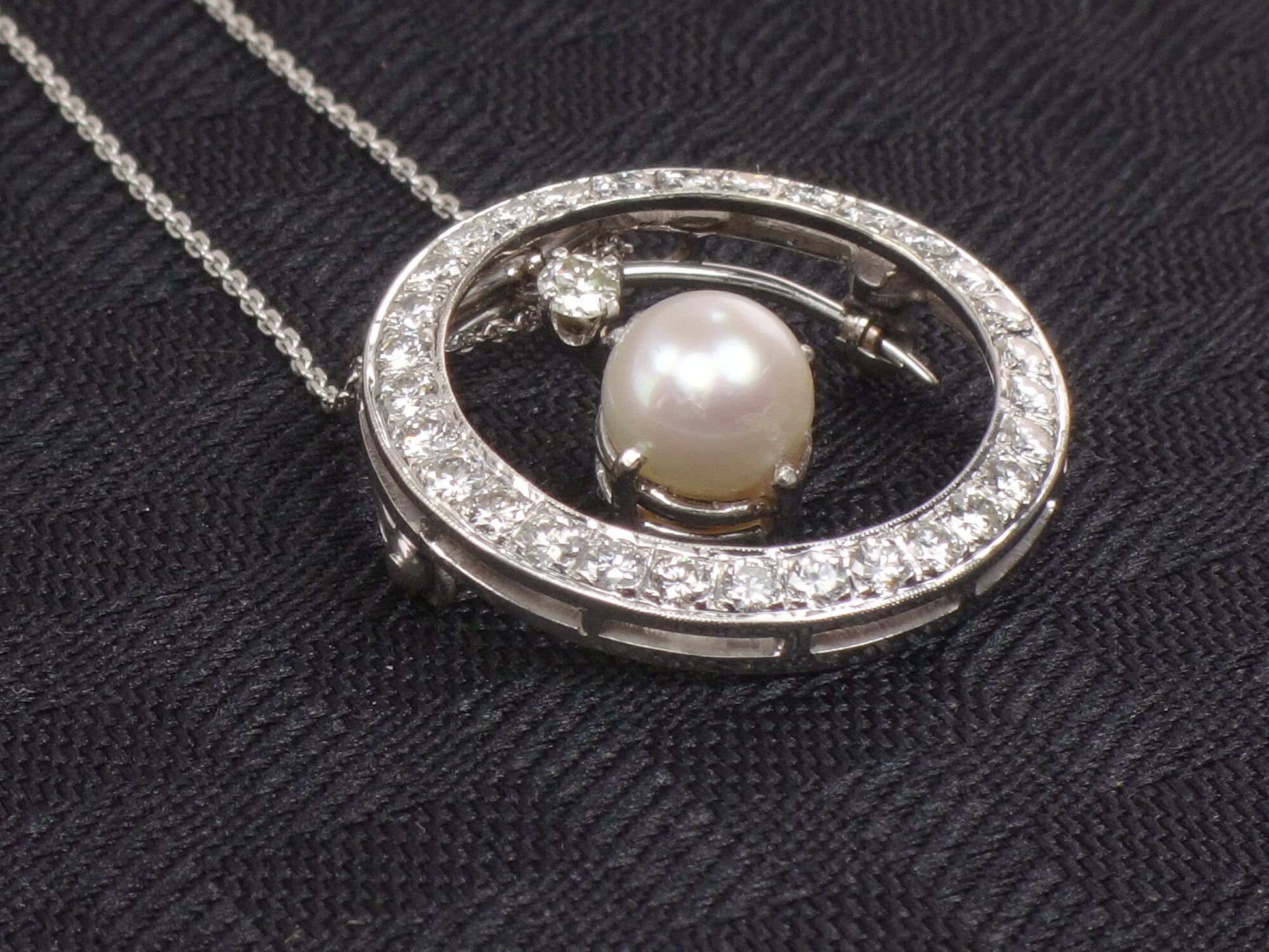 Vintage 14k White Gold Pearl Diamond Necklace: Convertible Pendant Pin