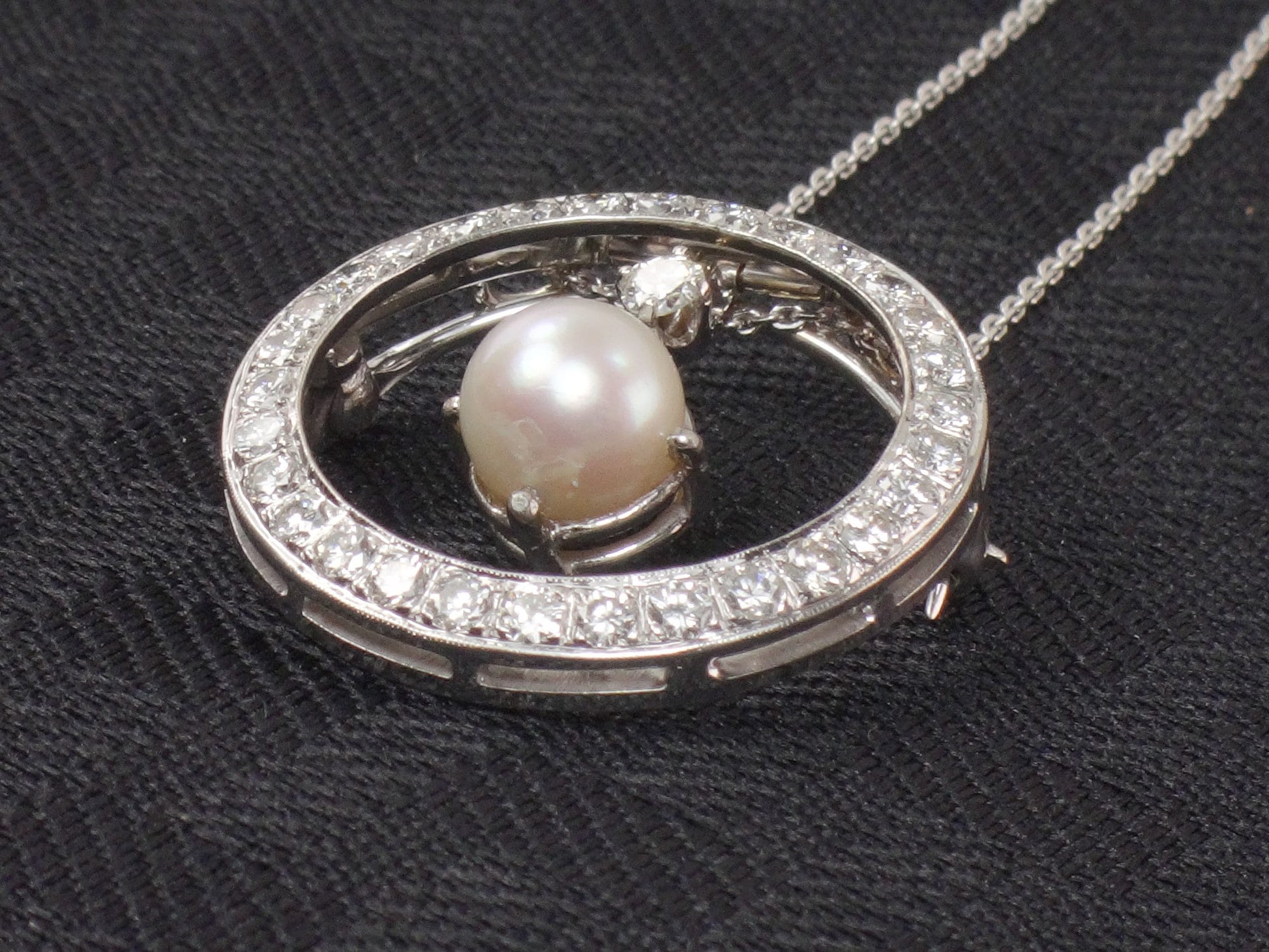 Vintage 14k White Gold Pearl Diamond Necklace: Convertible Pendant Pin