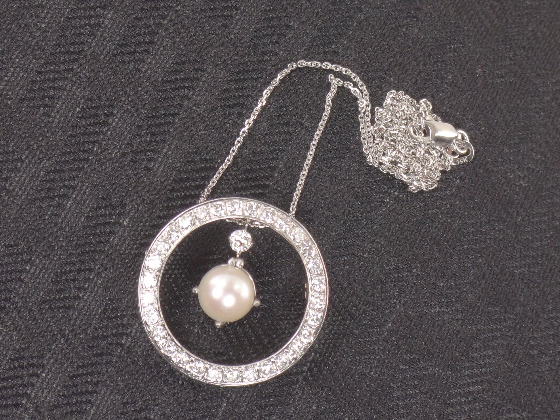 Vintage 14k White Gold Pearl Diamond Necklace: Convertible Pendant Pin