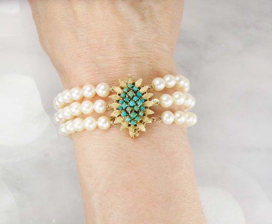 Vintage 14k Gold Triple Strand Pearl Bracelet with Turquoise Clasp Saltwater Cultured Pearl and Turquoise Bracelet - Bridal 6.5"