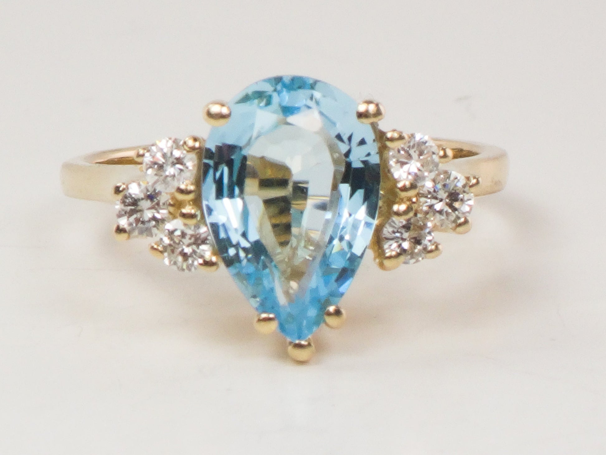 Vintage Pear Cut Blue Topaz Diamond Ring - 14k Yellow Gold December Birthstone, Size 7.75