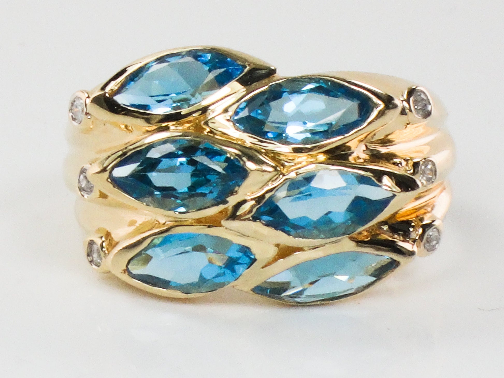 Vintage 14k Yellow Gold Wide Blue Topaz and Diamond Ring Marquise Cut December Birthstone Ring Size 9.75