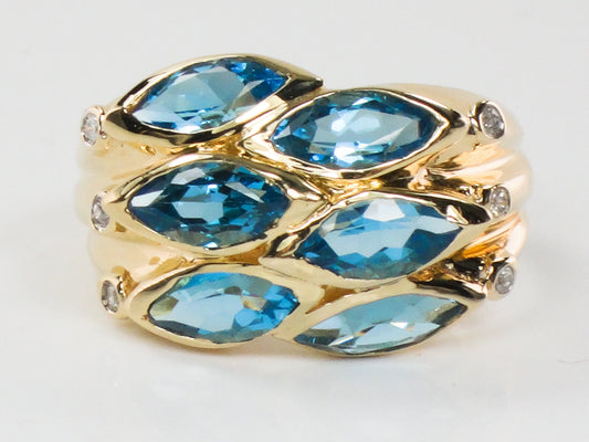 Vintage 14k Yellow Gold Wide Blue Topaz and Diamond Ring Marquise Cut December Birthstone Ring Size 9.75
