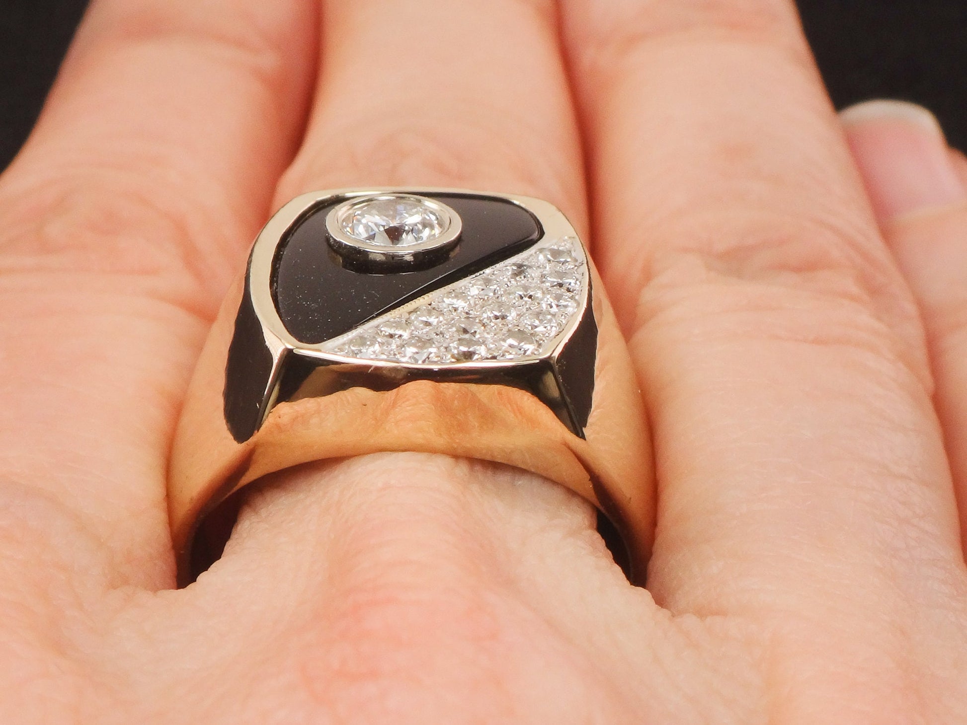 Vintage Men's 14k Yellow Gold Black Onyx and Natural Diamond Ring Over 3/4 CT TDW Size 9.5