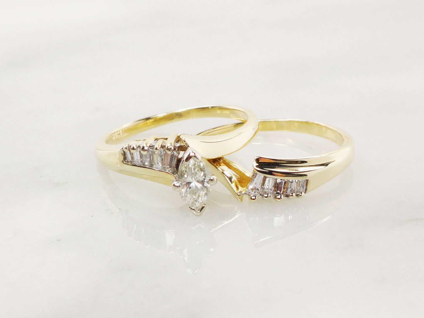 Vintage 14k Gold Marquise Diamond Wedding Ring Set, Size 6.25