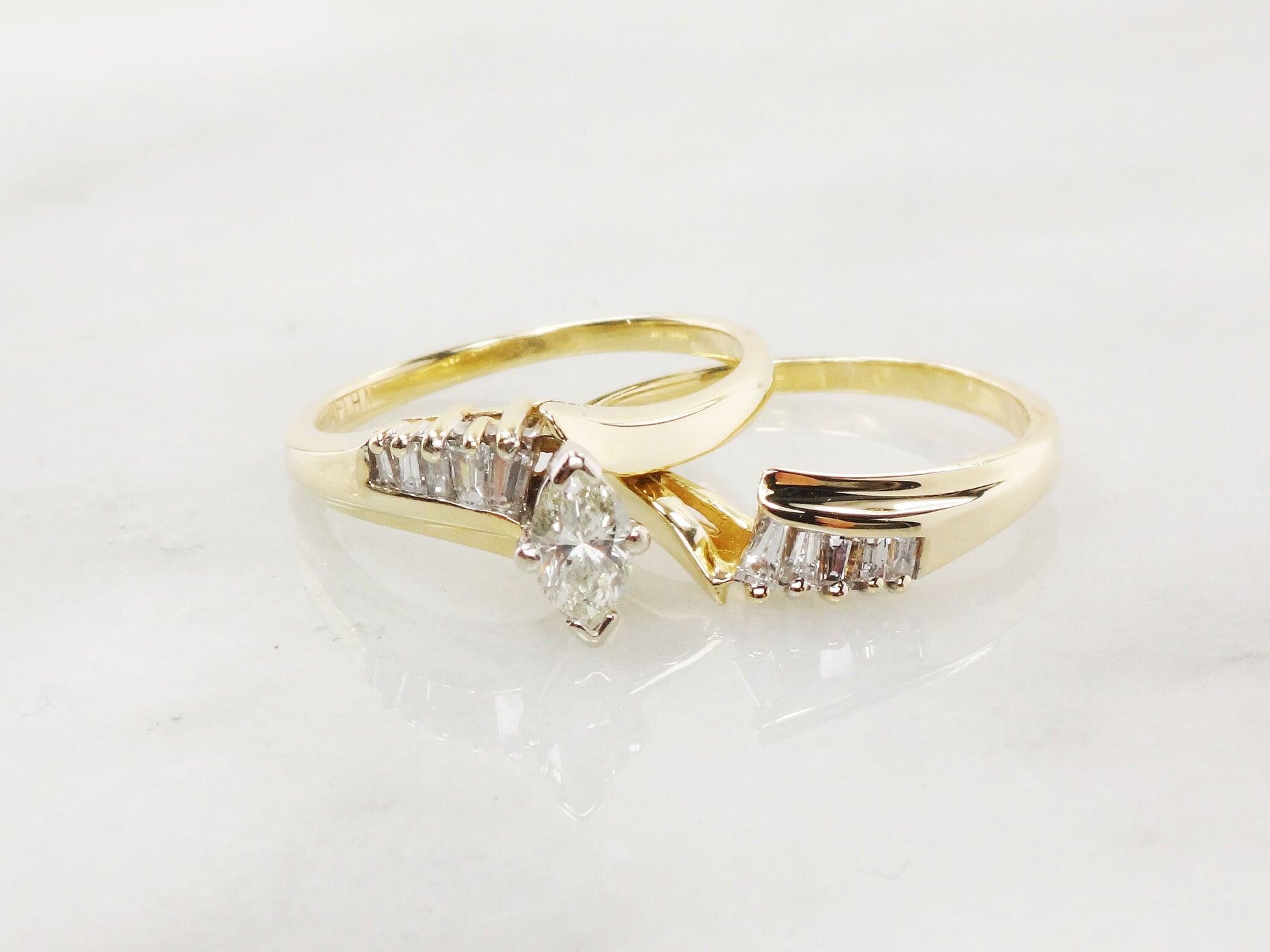 Vintage 14k Gold Marquise Diamond Wedding Ring Set, Size 6.25