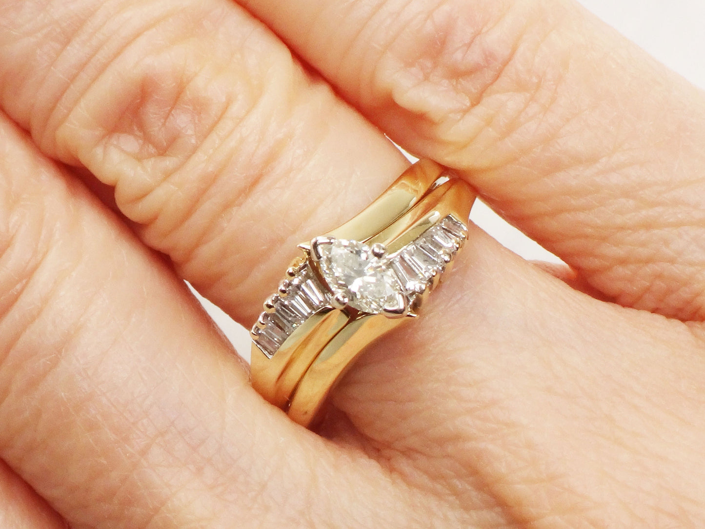 Vintage 14k Gold Marquise Cut Natural Diamond Wedding Ring Set, Diamond Engagement Ring and Matching Band Size 6.25