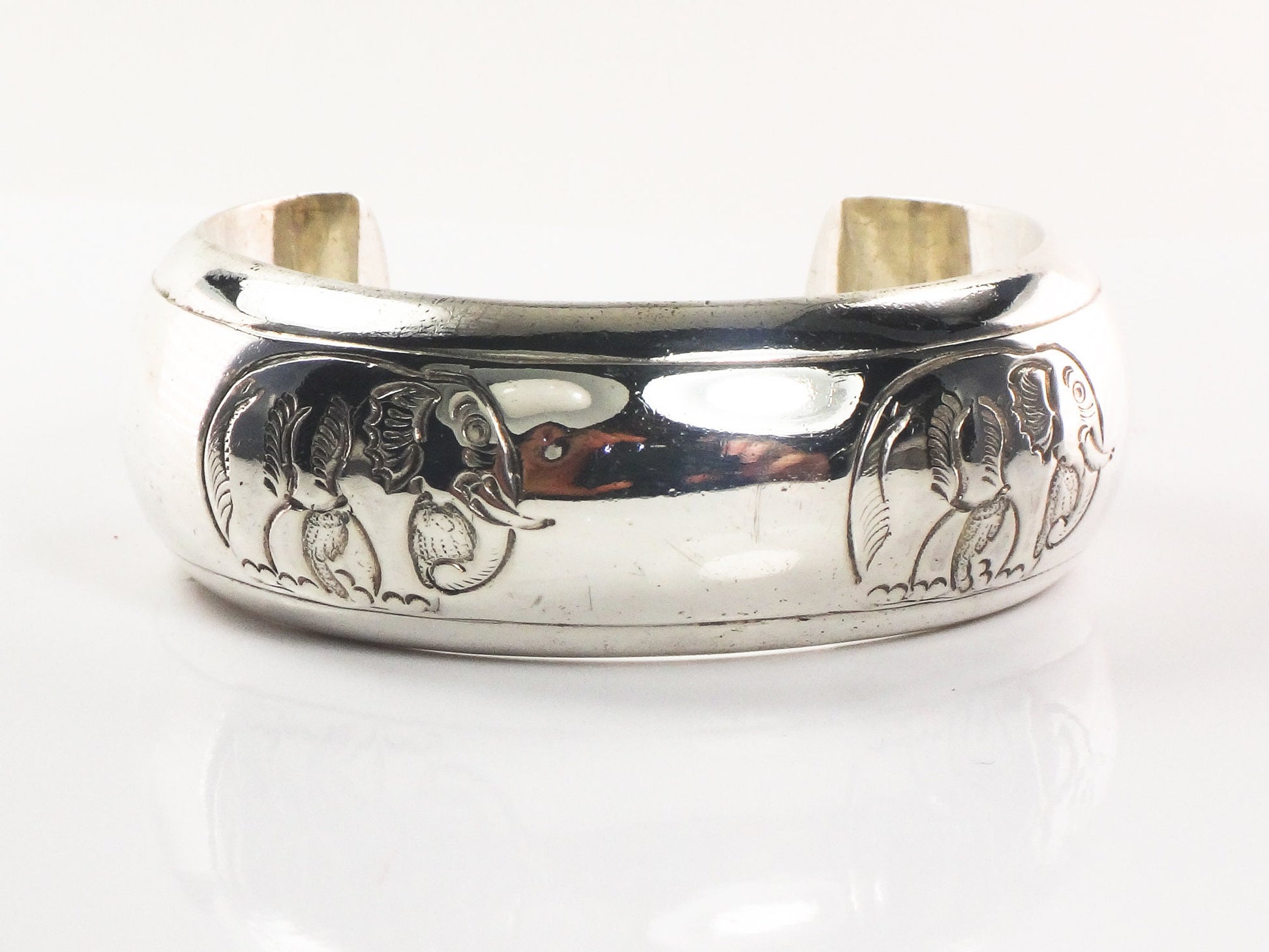 Vintage Sterling Silver Elephant Cuff Bracelet 925 Good Luck Bracelet