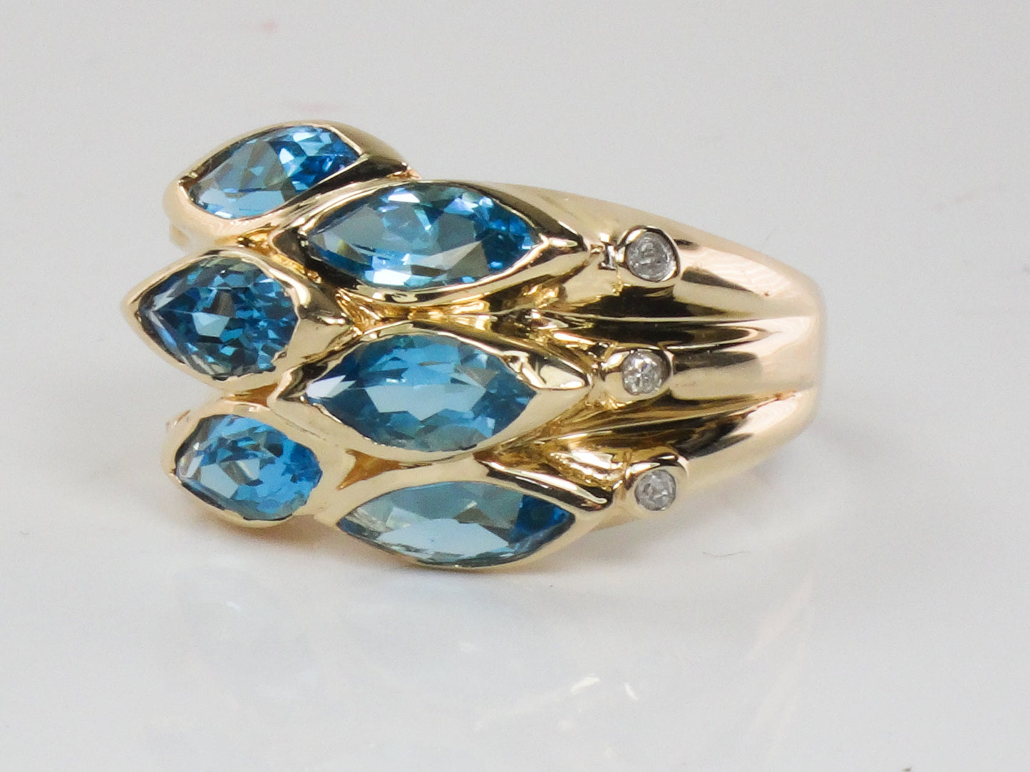Vintage 14k Yellow Gold Wide Blue Topaz and Diamond Ring Marquise Cut December Birthstone Ring Size 9.75