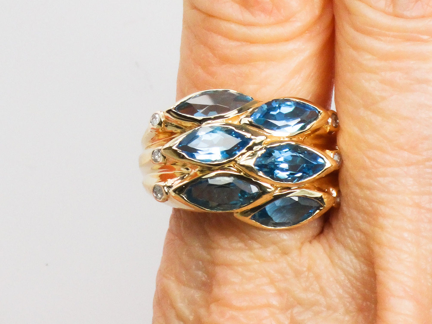 Vintage 14k Yellow Gold Wide Blue Topaz and Diamond Ring Marquise Cut December Birthstone Ring Size 9.75