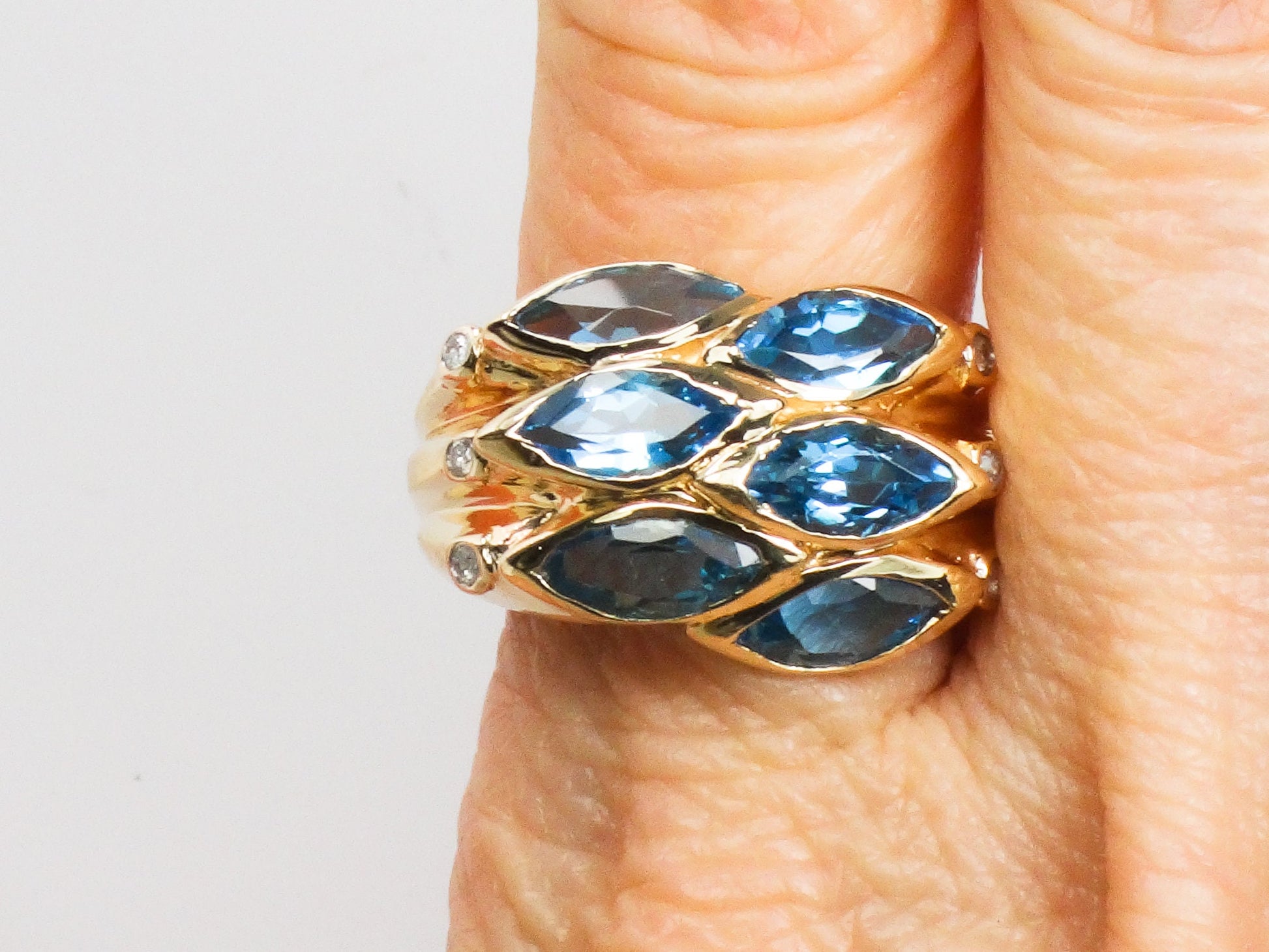 Vintage 14k Yellow Gold Wide Blue Topaz and Diamond Ring Marquise Cut December Birthstone Ring Size 9.75