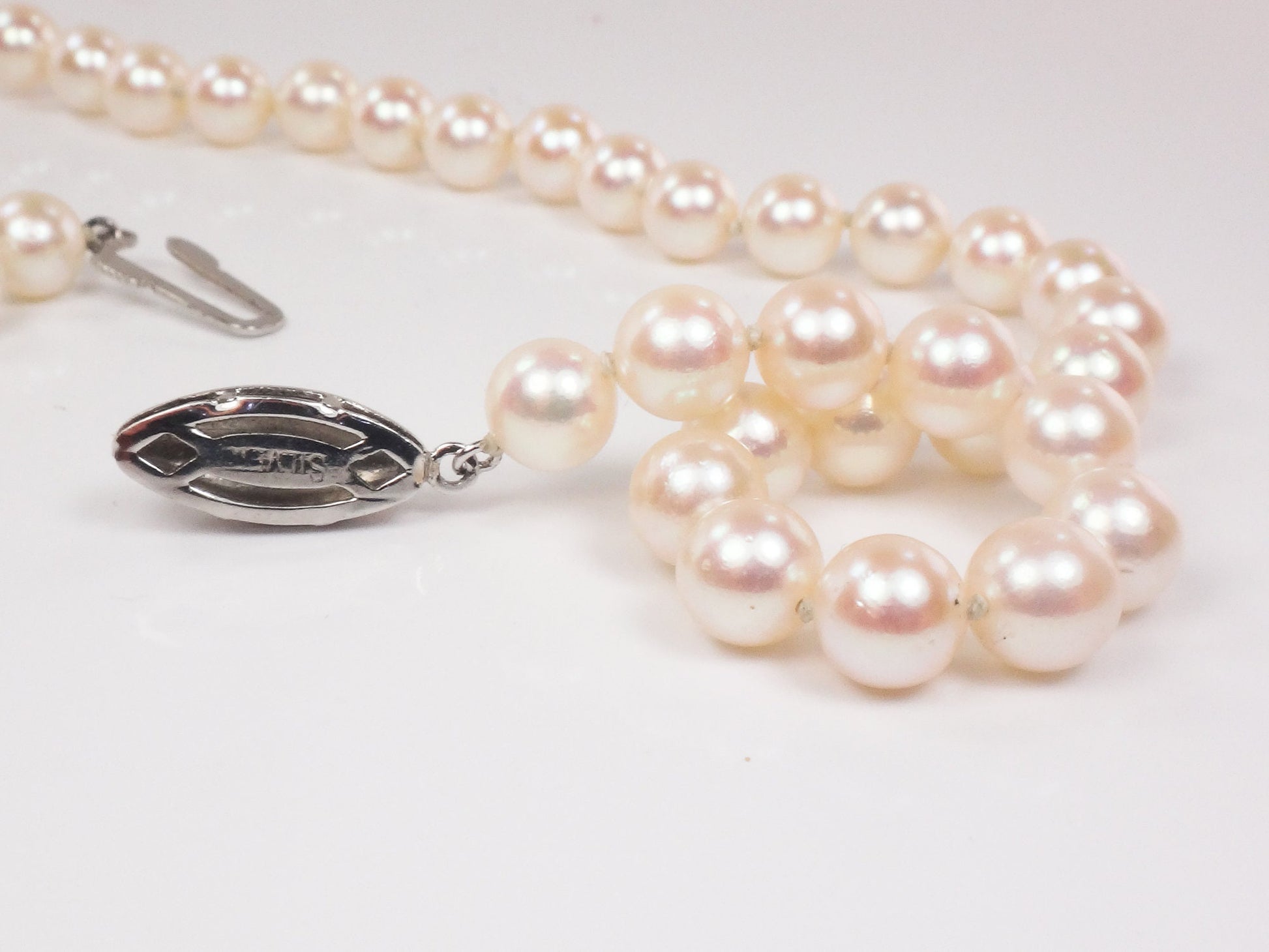 Vintage Saltwater Pearl Necklace: 6.0 mm Fine Pearl Strand with Silver Clasp