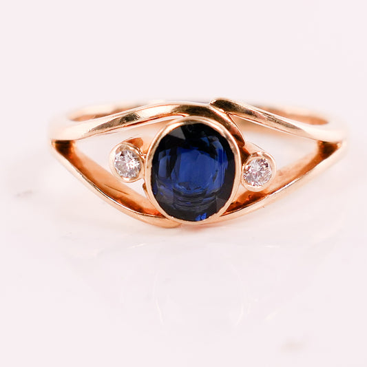 Vintage 14k Yellow Gold Natural Blue Sapphire and Diamond Ring September Birthstone Ring - Size 7.5
